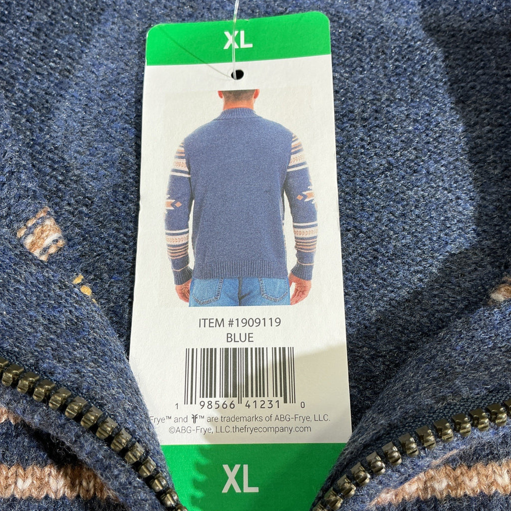 Frye Men Mock Neck Full Zip Knit Cardigan Sweater Blue XL Aztec Tribal Print NWT