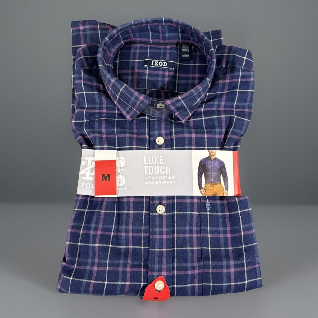 IZOD Mens Luxe Touch Long Sleeve Plaid Button Up Shirt BLUE/PURPLE MEDIUM New