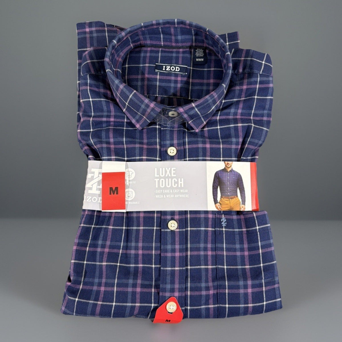 IZOD Mens Luxe Touch Long Sleeve Plaid Button Up Shirt BLUE/PURPLE MEDIUM New