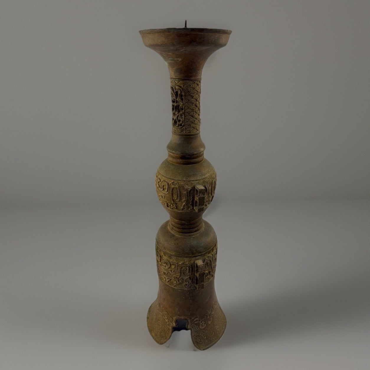 Vintage Chinese Bronze Pricket Candlestick Holder Archaic Taotie Mask Openwork