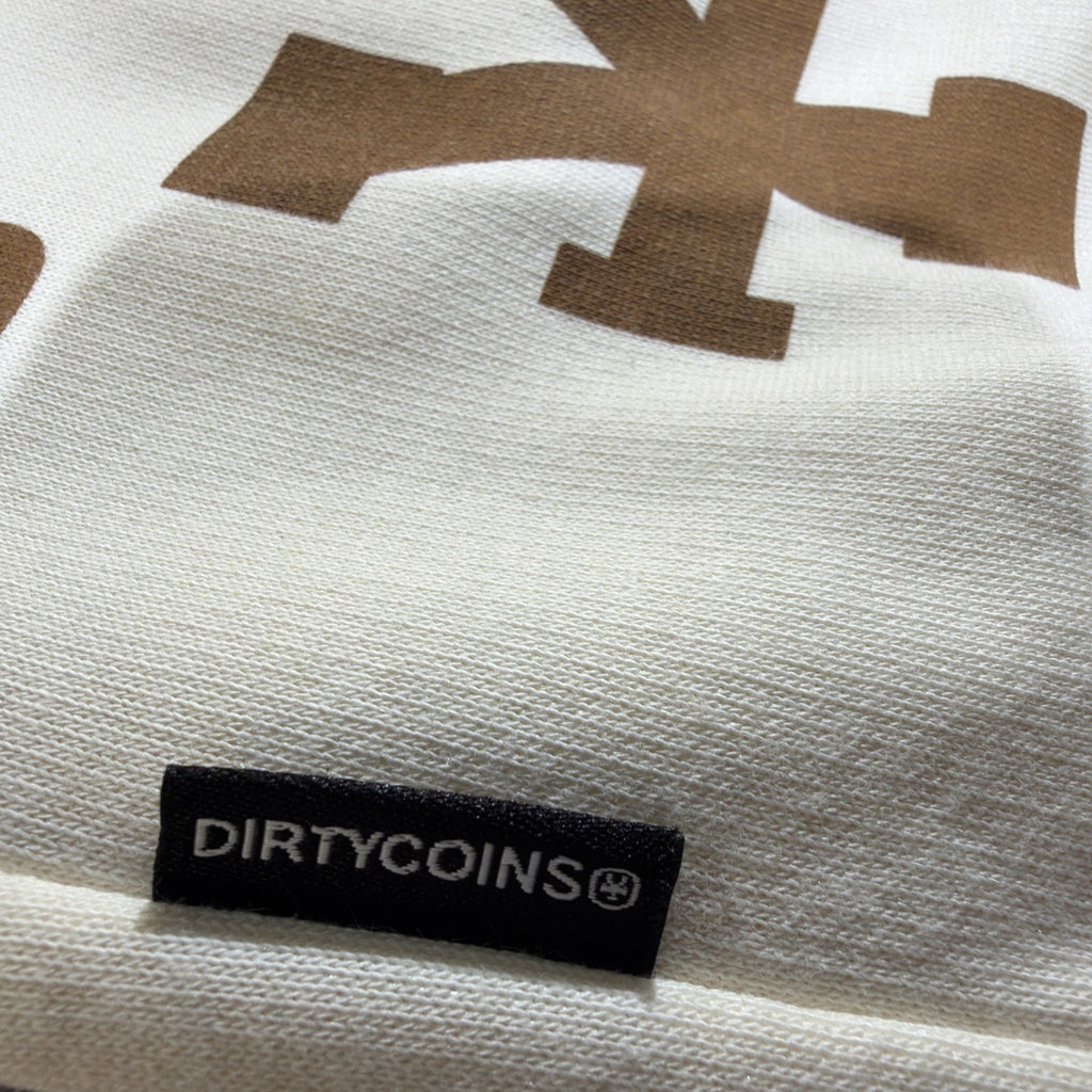 DirtyCoins brand cardigan featuring a distinctive all-over letter pattern