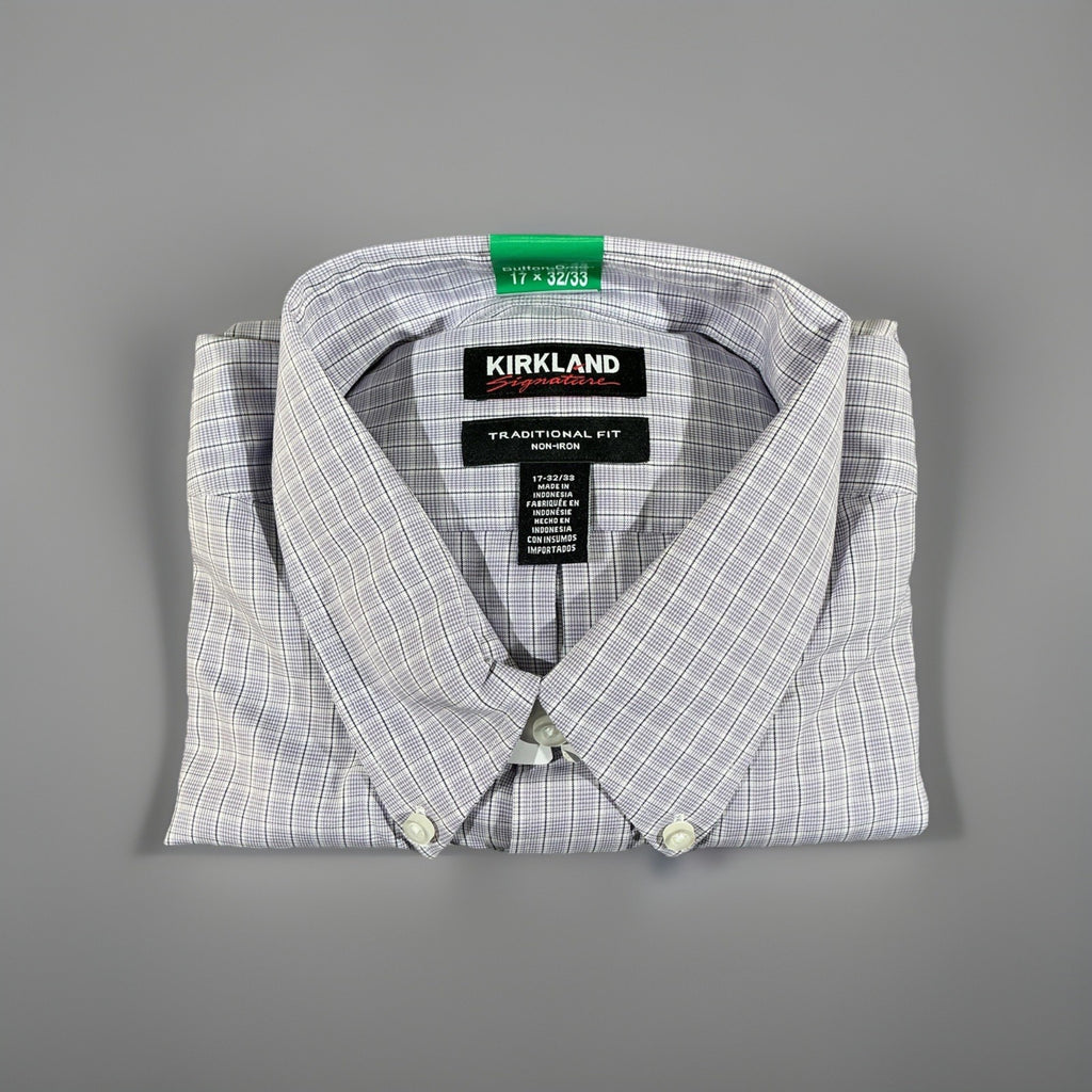 Kirkland Signature Men's 17.5 x 32/33 Traditional Fit Plaid Dress Shirt Blue
