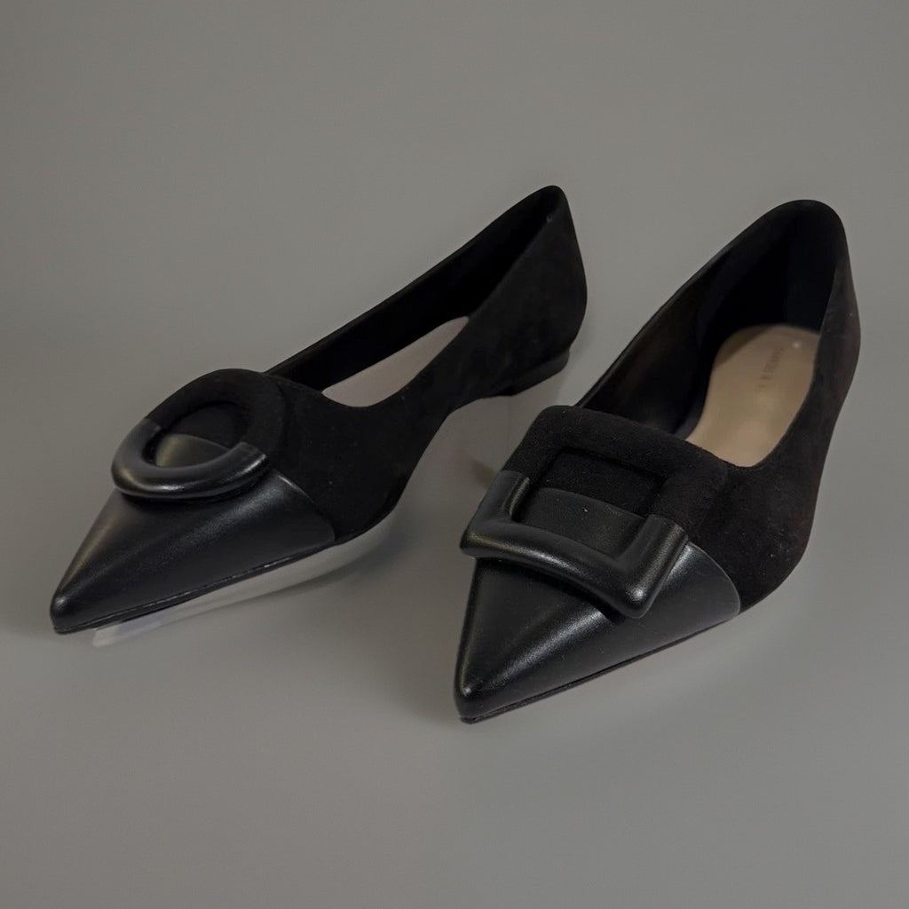 Charles & Keith CK1-70580135 Black Suede Pointed Toe Buckle Flats EU 35 US 5