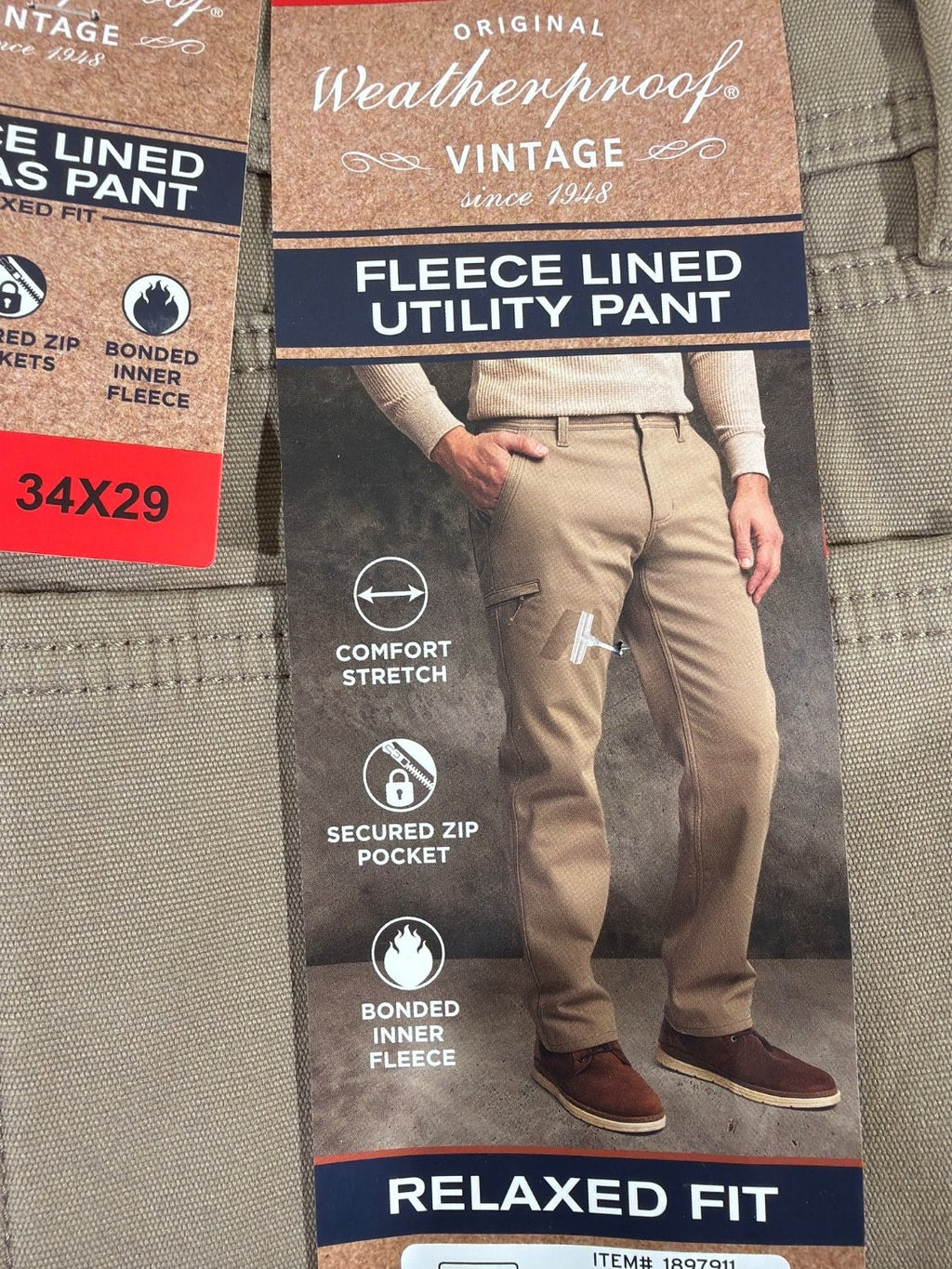 Weatherproof Vintage Men's Fleece Lined Utility Canvas Pants 34x29 Tan Stretch