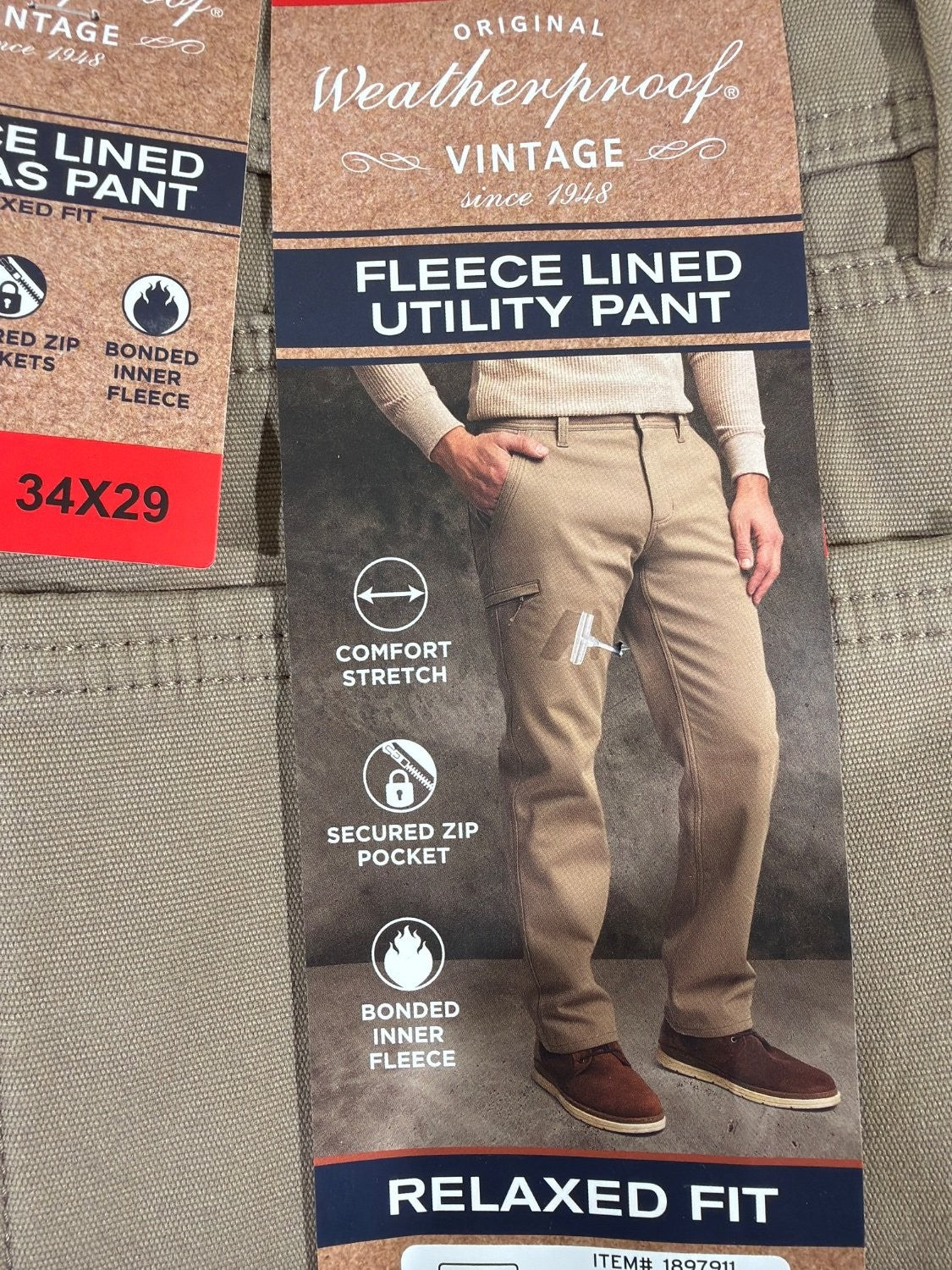 Weatherproof Vintage Men's Fleece Lined Utility Canvas Pants 34x29 Tan Stretch