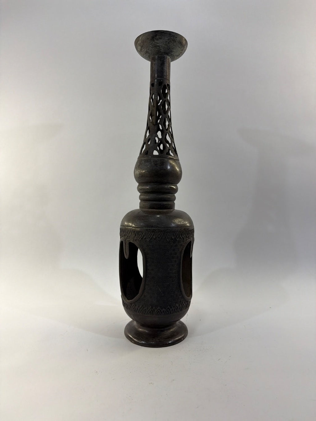 Vintage Persian Bronze Pricket Candle Holder Pierced Lattice Islamic Incense