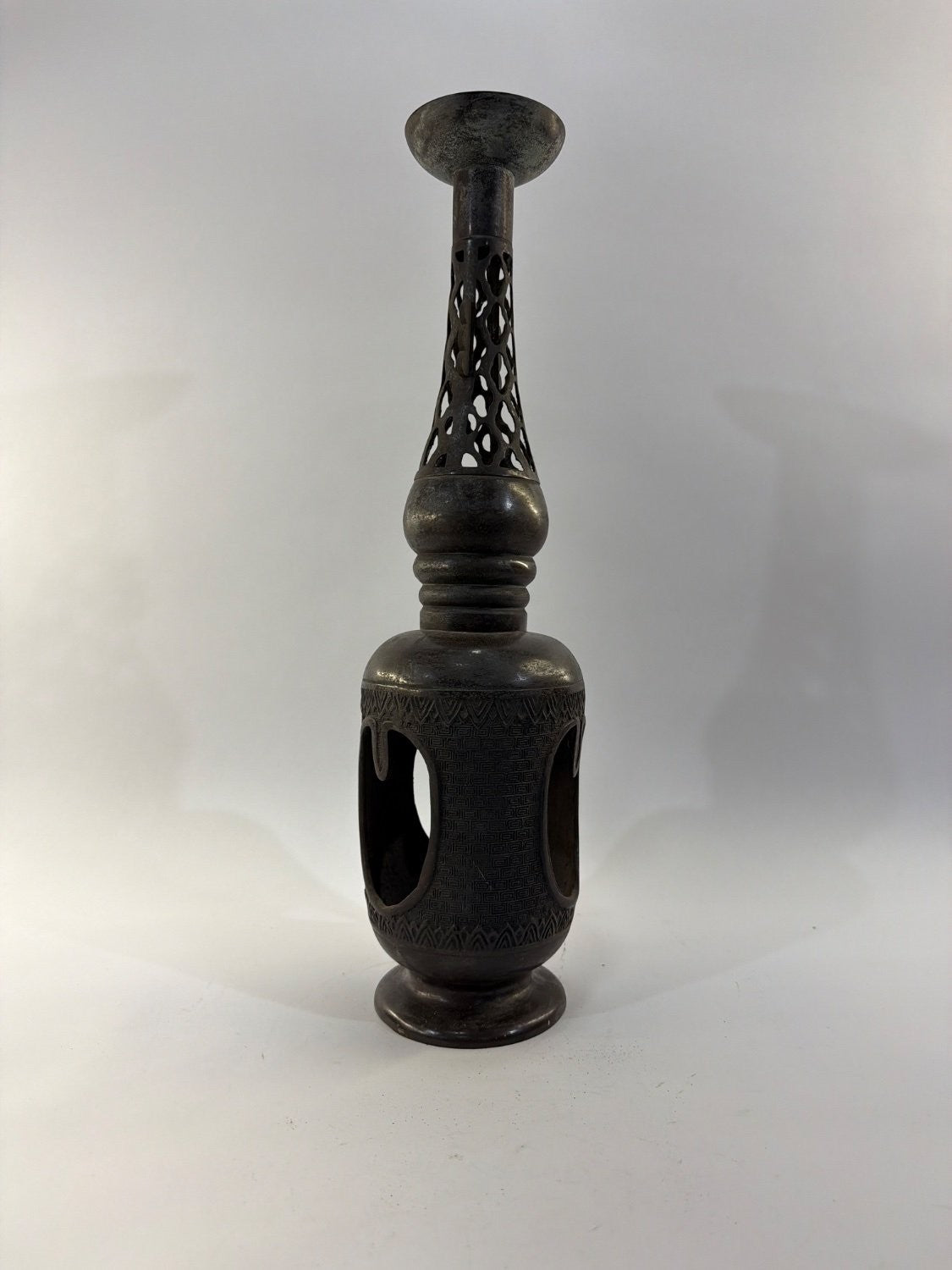 Vintage Persian Bronze Pricket Candle Holder Pierced Lattice Islamic Incense