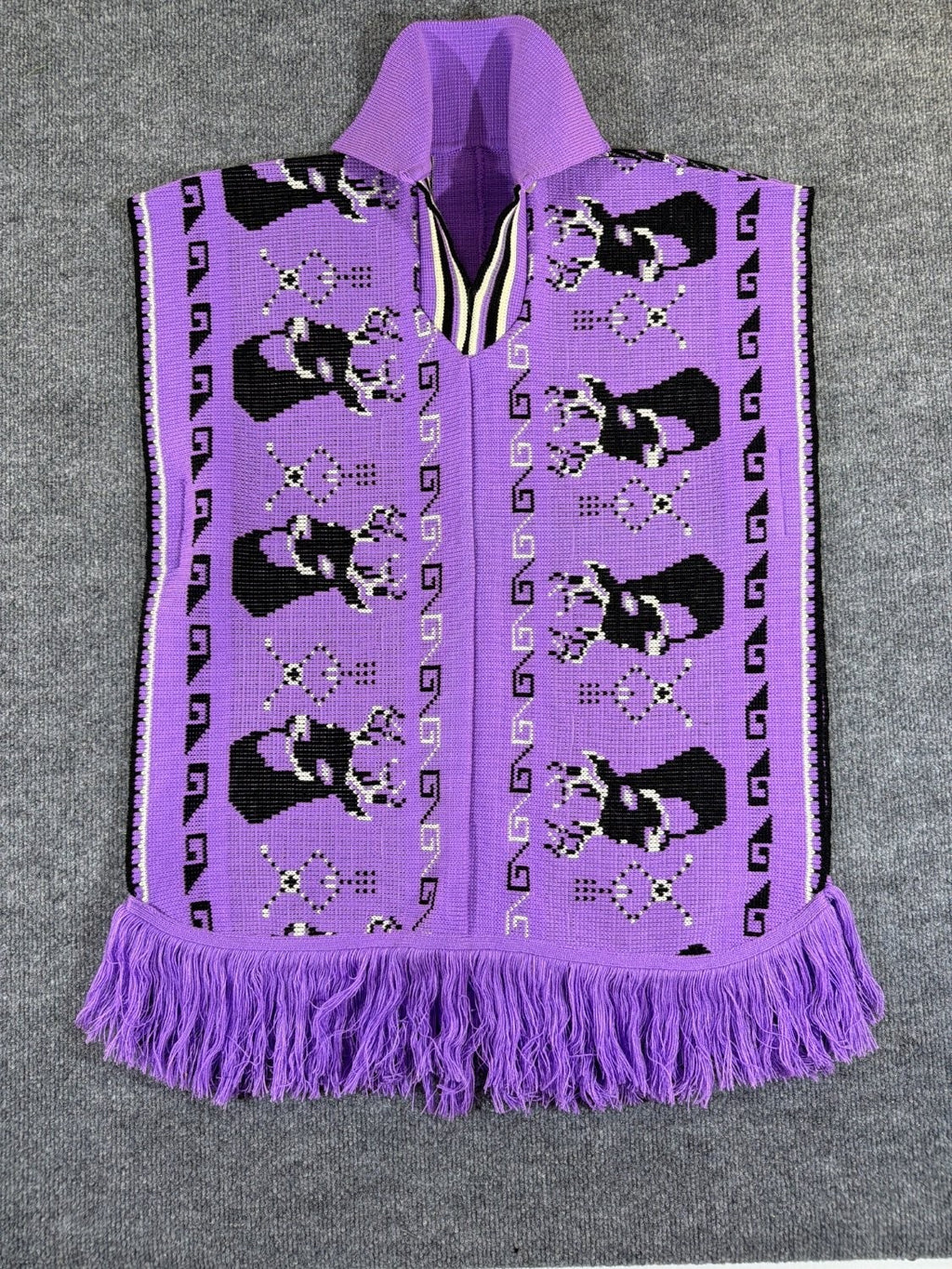 Vintage 1970s Knit Deer Poncho Purple Acrylic Fringe Stag Intarsia Cape One Size