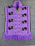Vintage 1970s Knit Deer Poncho Purple Acrylic Fringe Stag Intarsia Cape One Size