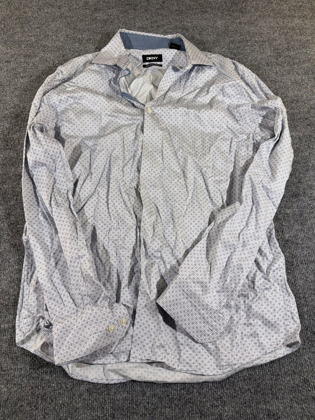 DKNY Regular Fit Stretch Dress Shirt Men White Geometric Diamond Print LS