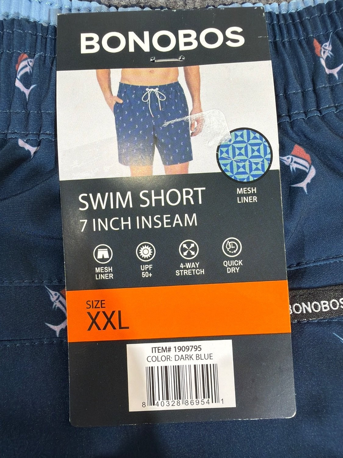 Bonobos Men's Swim Trunk 7 Inch Inseam XXL Blue Marlin Fish Print 1909795
