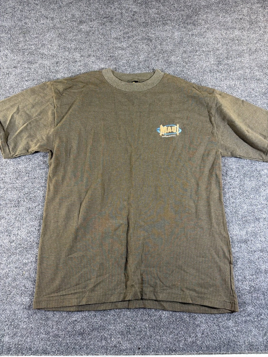 Vintage Maui Hawaii H.L. Miller Gold Waffle Knit T-Shirt Men L Olive Green USA