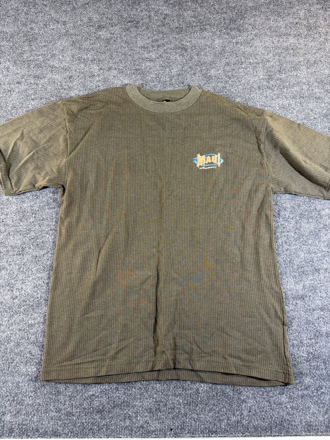 Vintage Maui Hawaii H.L. Miller Gold Waffle Knit T-Shirt Men L Olive Green USA