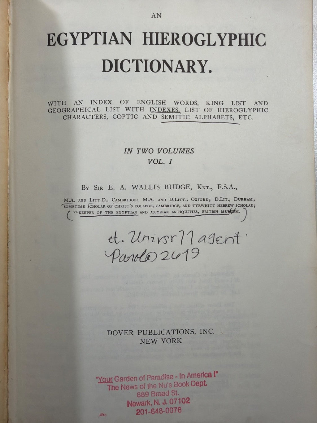 Vintage An Egyptian Hieroglyphic Dictionary E. A. Wallis Budge Vol 1 Dover