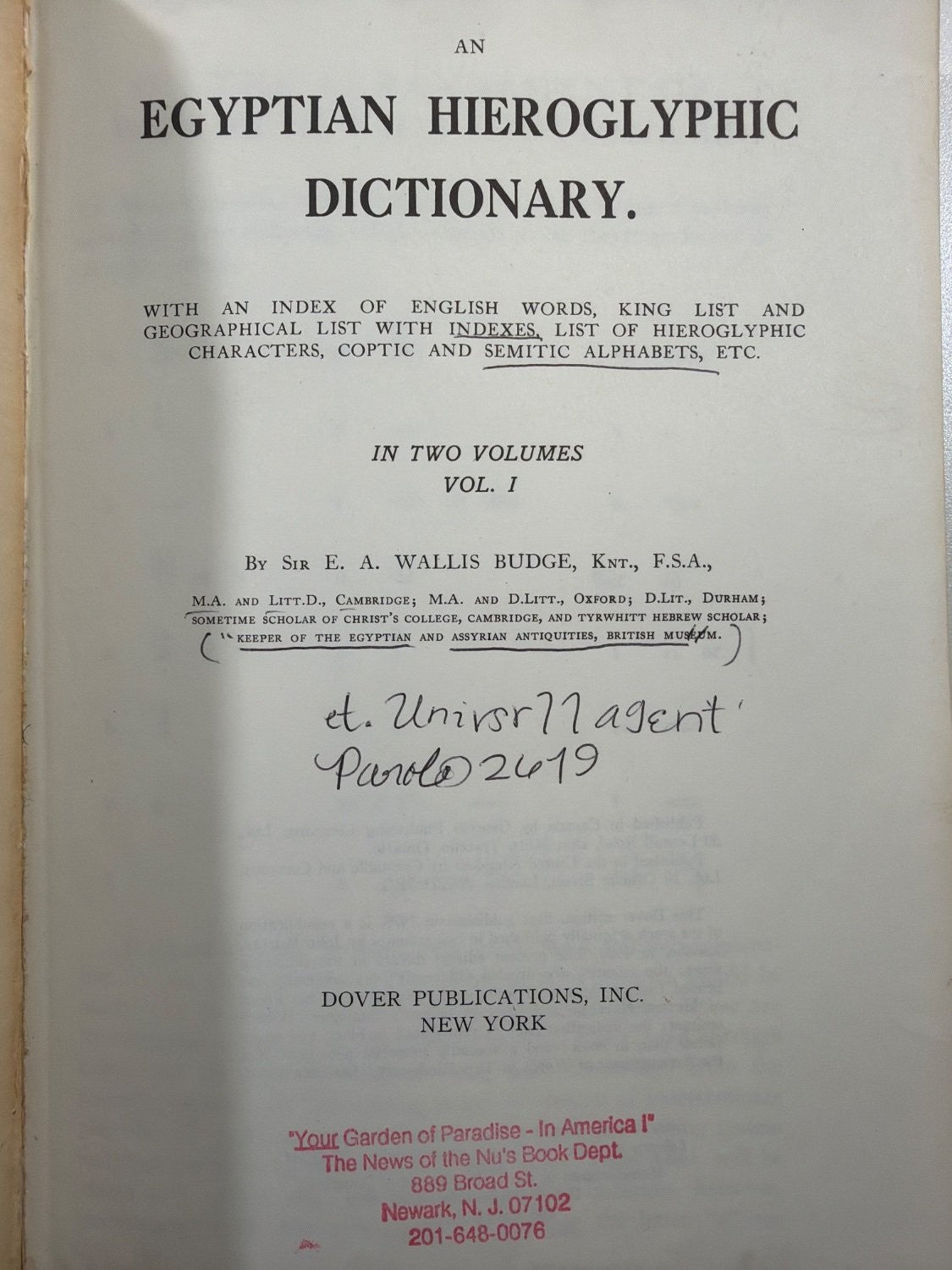 Vintage An Egyptian Hieroglyphic Dictionary E. A. Wallis Budge Vol 1 Dover