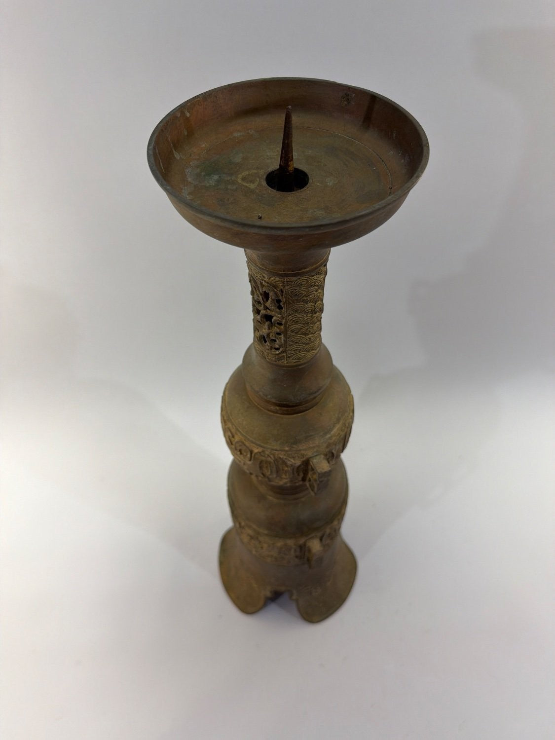 Vintage Chinese Bronze Pricket Candlestick Archaic Gu Vase Style Taotie Mask