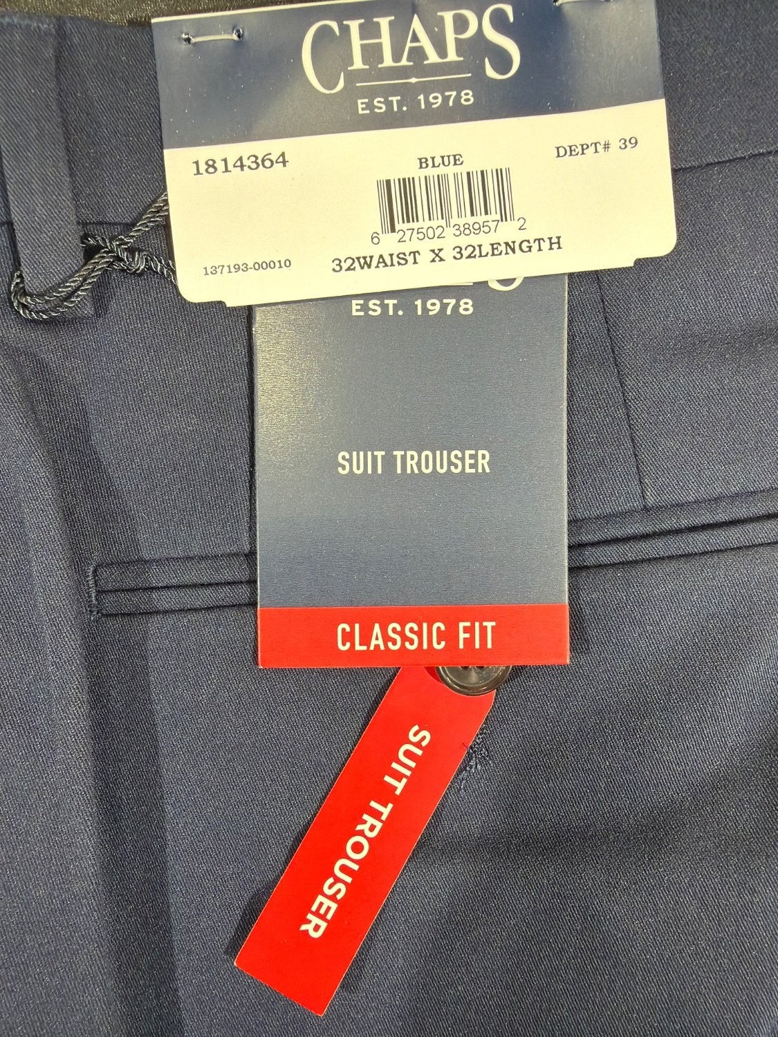 Chaps Men's Classic Fit Suit Trouser Dress Pants 32x32 Blue Flat Front NWT