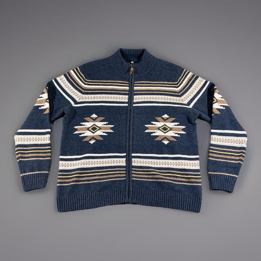 Frye Men Mock Neck Full Zip Knit Cardigan Sweater Blue XL Aztec Tribal Print NWT