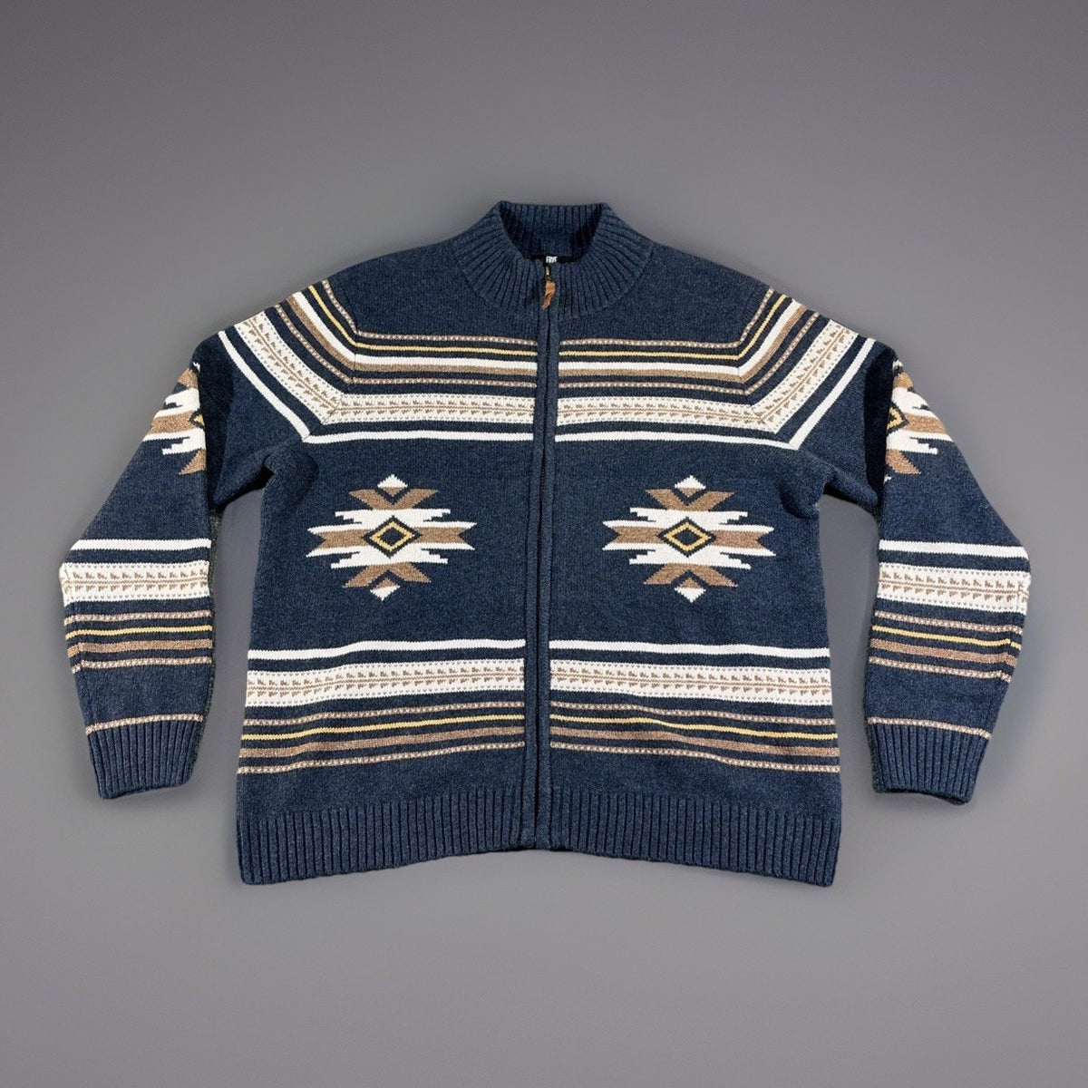 Frye Men Mock Neck Full Zip Knit Cardigan Sweater Blue XL Aztec Tribal Print NWT