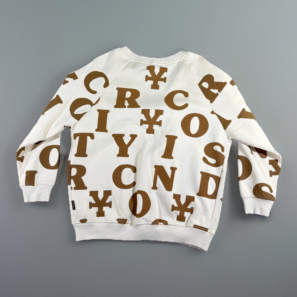 DirtyCoins brand cardigan featuring a distinctive all-over letter pattern
