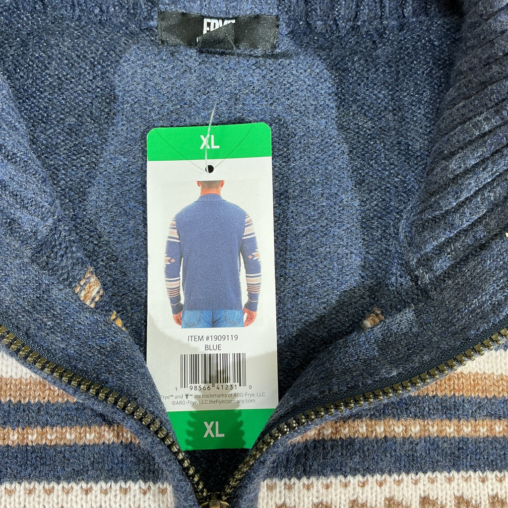 Frye Men Mock Neck Full Zip Knit Cardigan Sweater Blue XL Aztec Tribal Print NWT