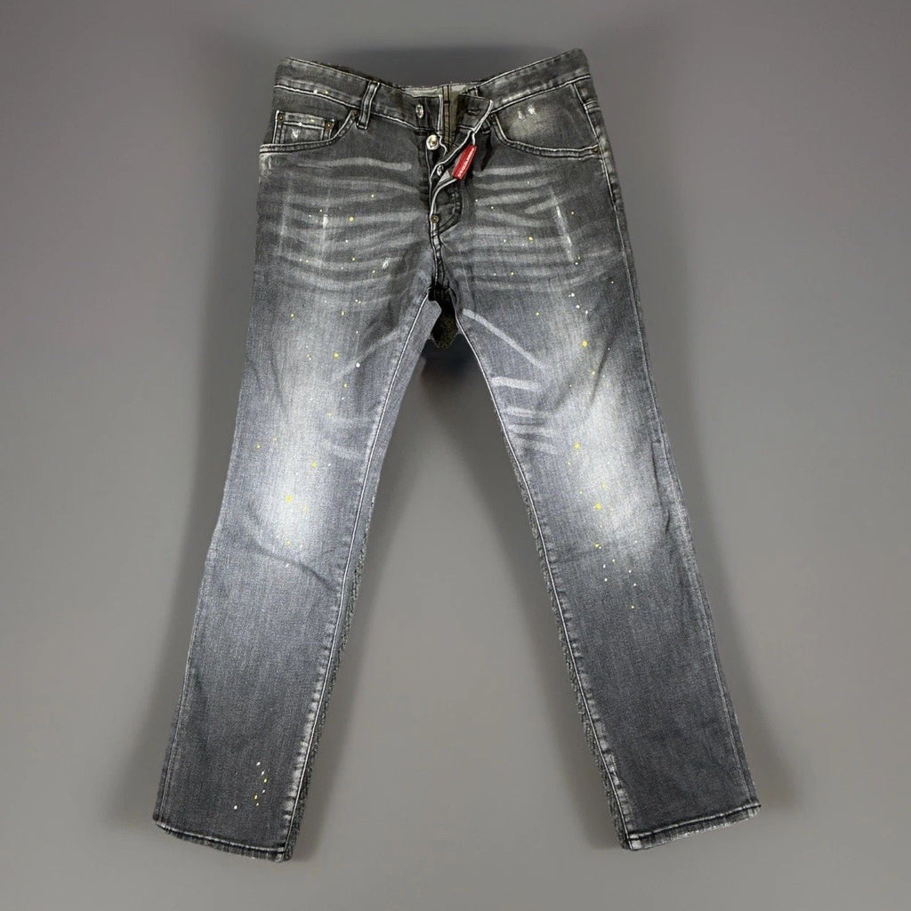 Dsquared2 Men's Black Slim Fit Distressed Paint Splatter Jeans – Size 44