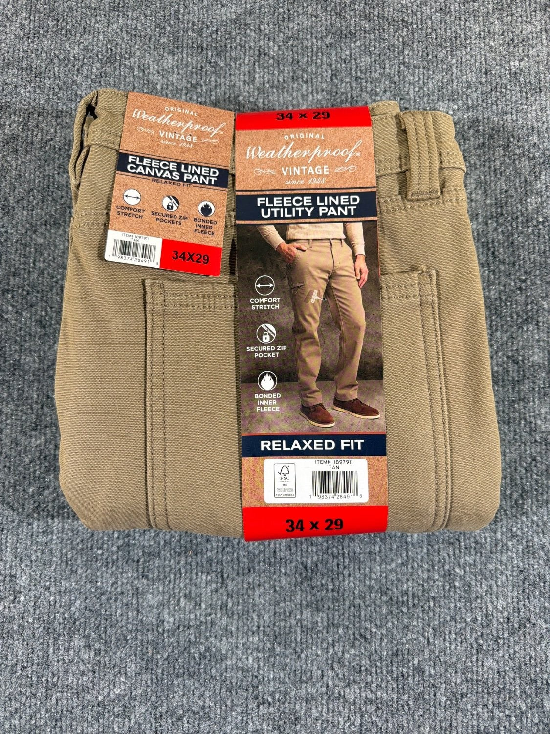 Weatherproof Vintage Men's Fleece Lined Utility Canvas Pants 34x29 Tan Stretch