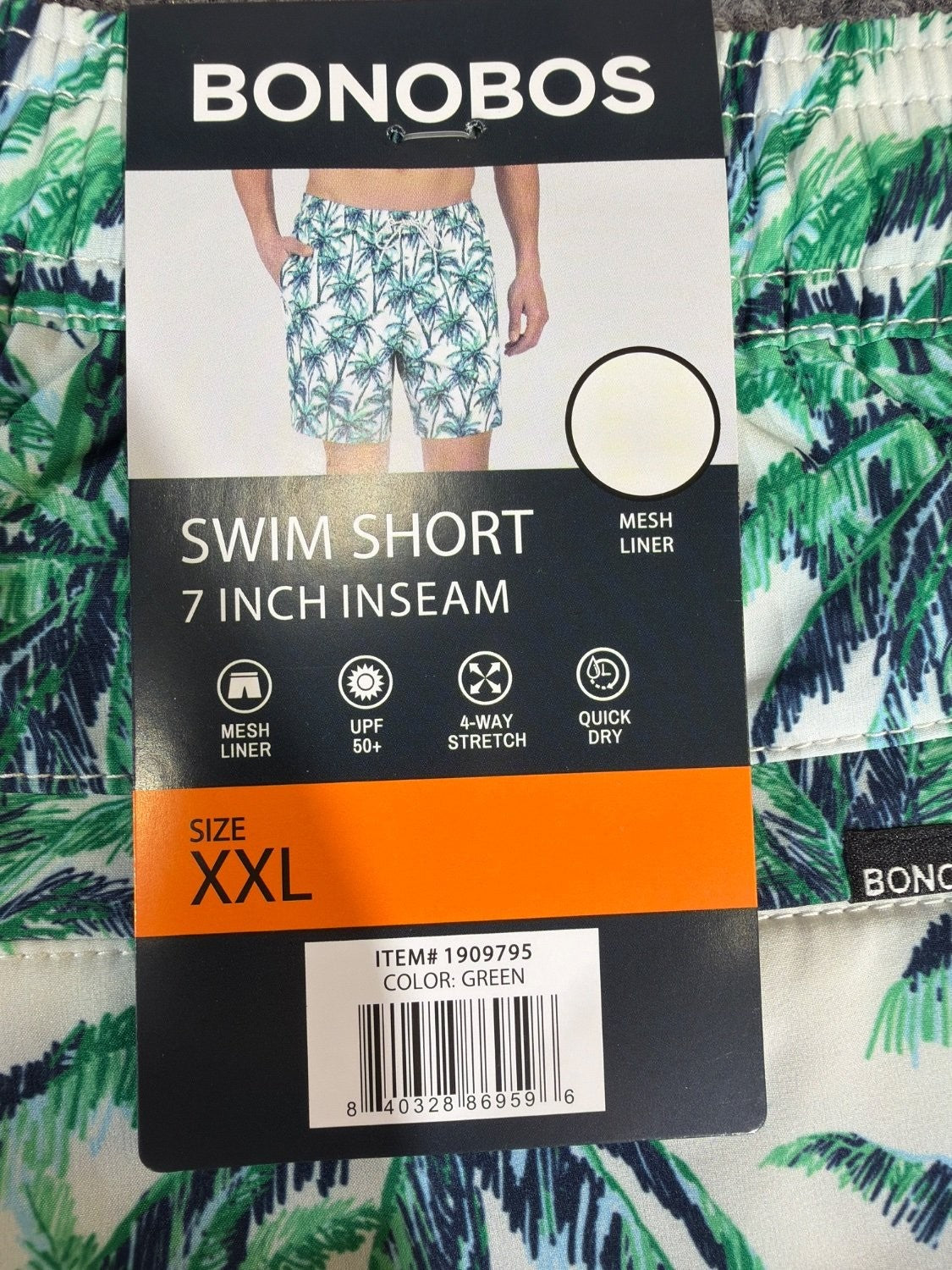 Bonobos Men's Swim Trunks 7 Inch Inseam 2XL Blue Palm Tree Tropical BOE25309C0