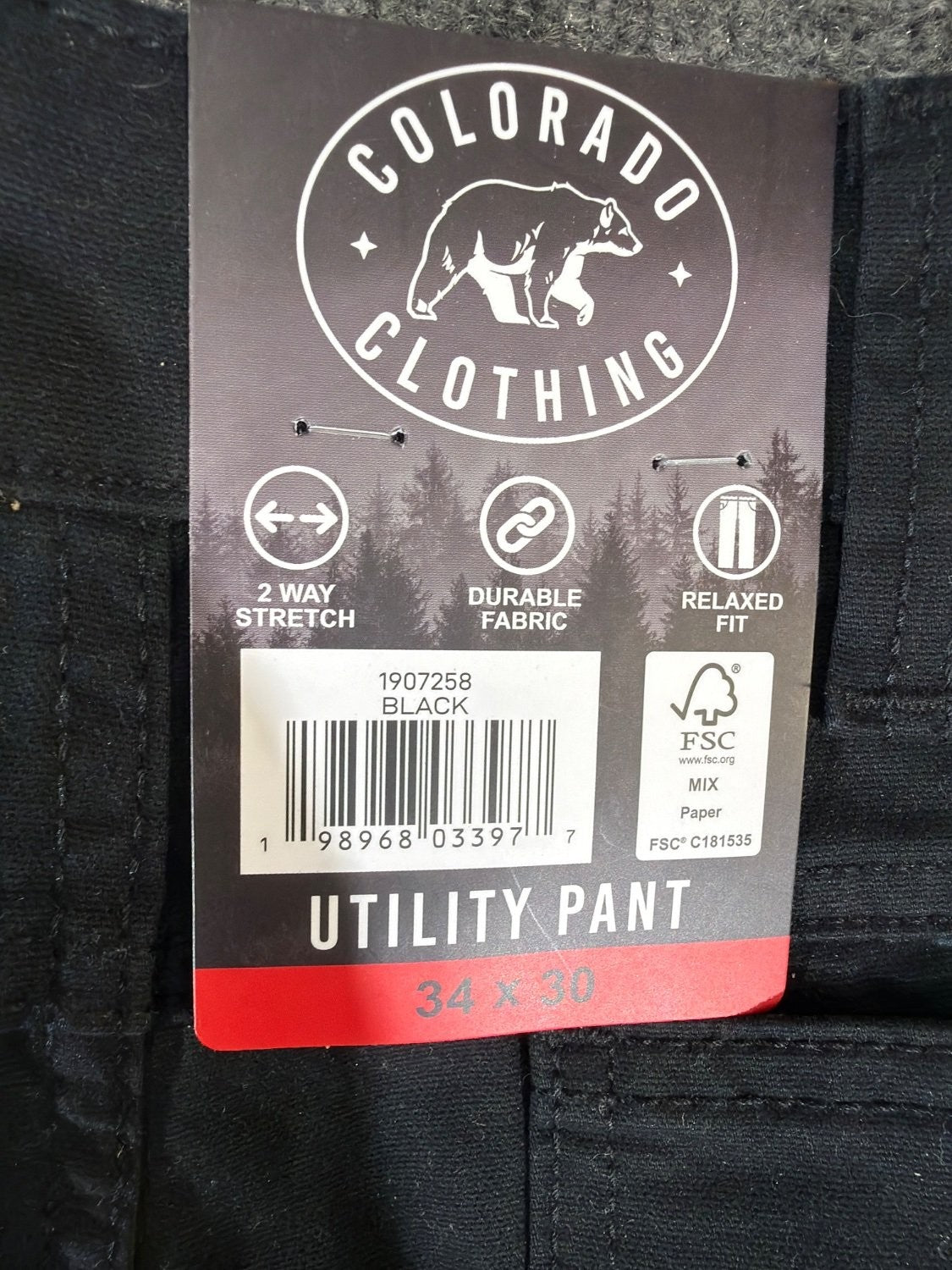 Colorado Clothing Men's Utility Pant 34x30 Black Stretch Twill Relaxed Fit