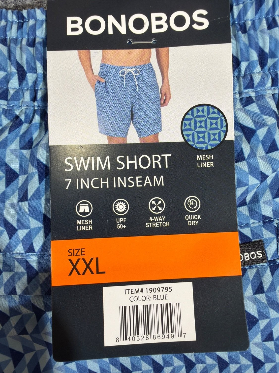 Bonobos Men's Swim Trunks 7 Inch Inseam XXL Blue Geometric 4-Way Stretch 1909795