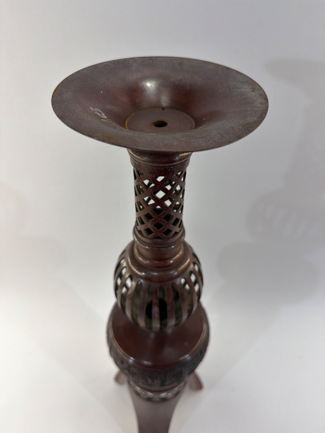 Vintage Japanese Bronze Candlestick Holder Meiji Style Reticulated Tripod Base