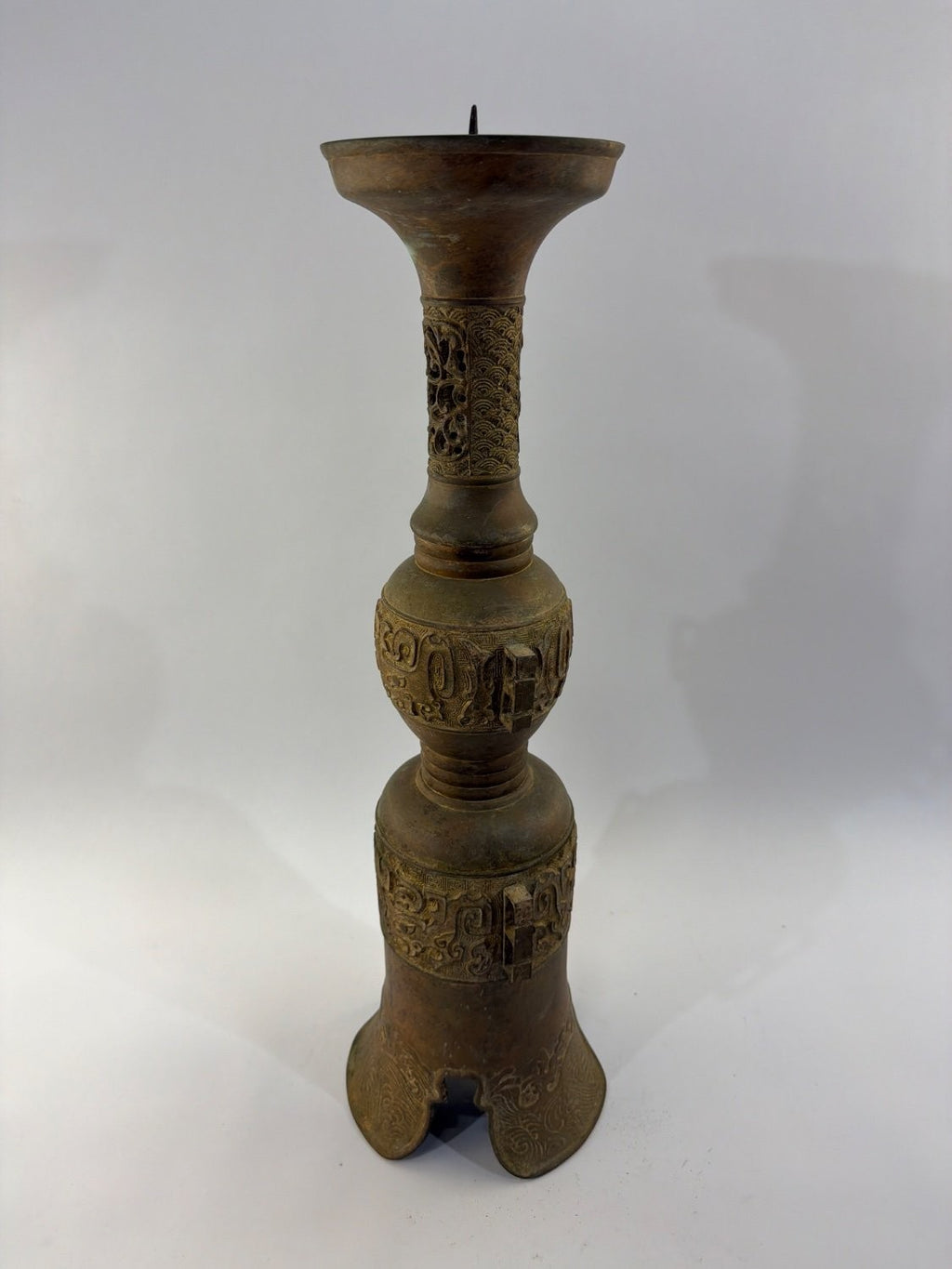Vintage Chinese Bronze Pricket Candlestick Archaic Gu Vase Style Taotie Mask