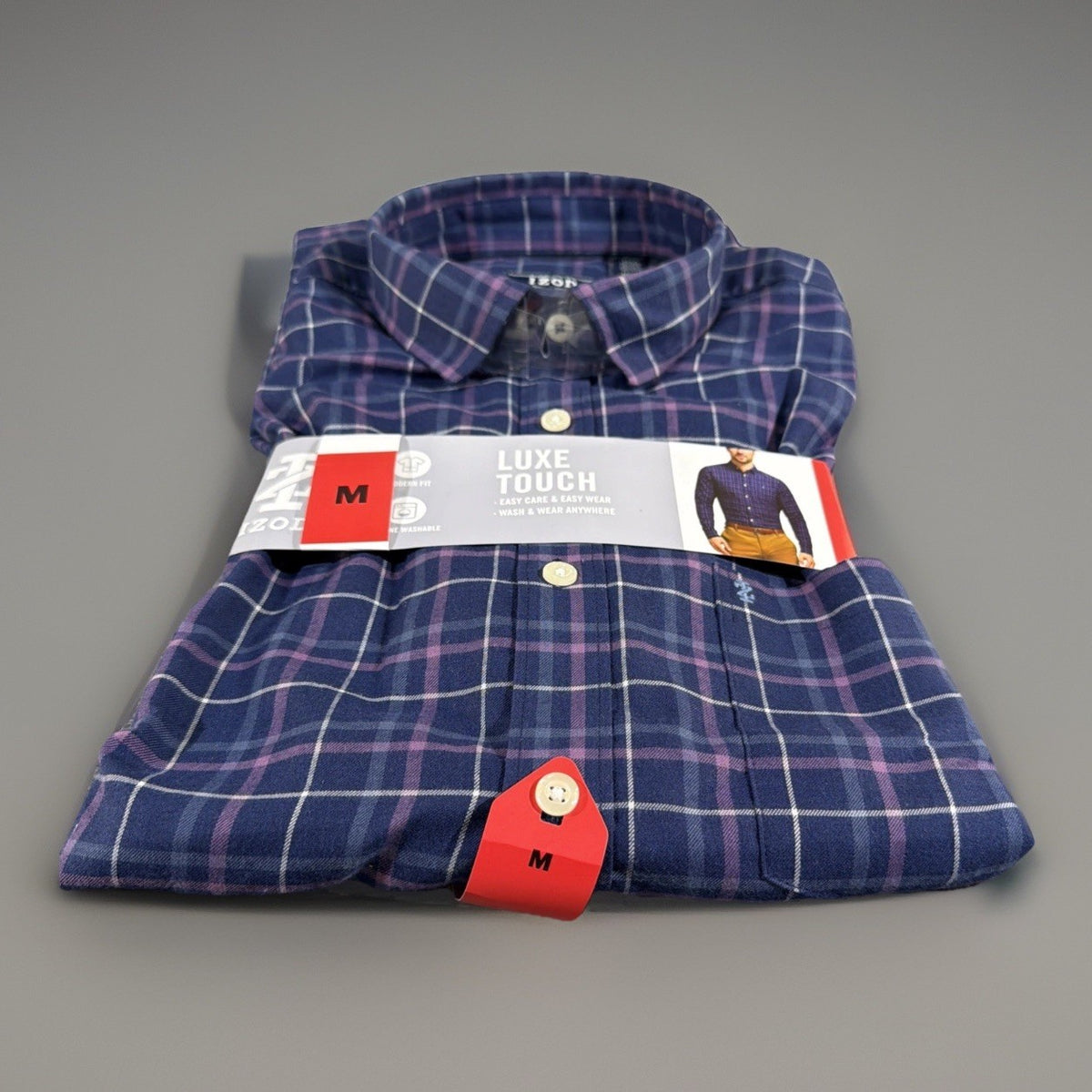 IZOD Mens Luxe Touch Long Sleeve Plaid Button Up Shirt BLUE/PURPLE MEDIUM New