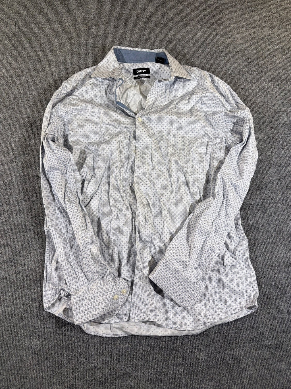 DKNY Regular Fit Stretch Dress Shirt Men White Geometric Diamond Print LS