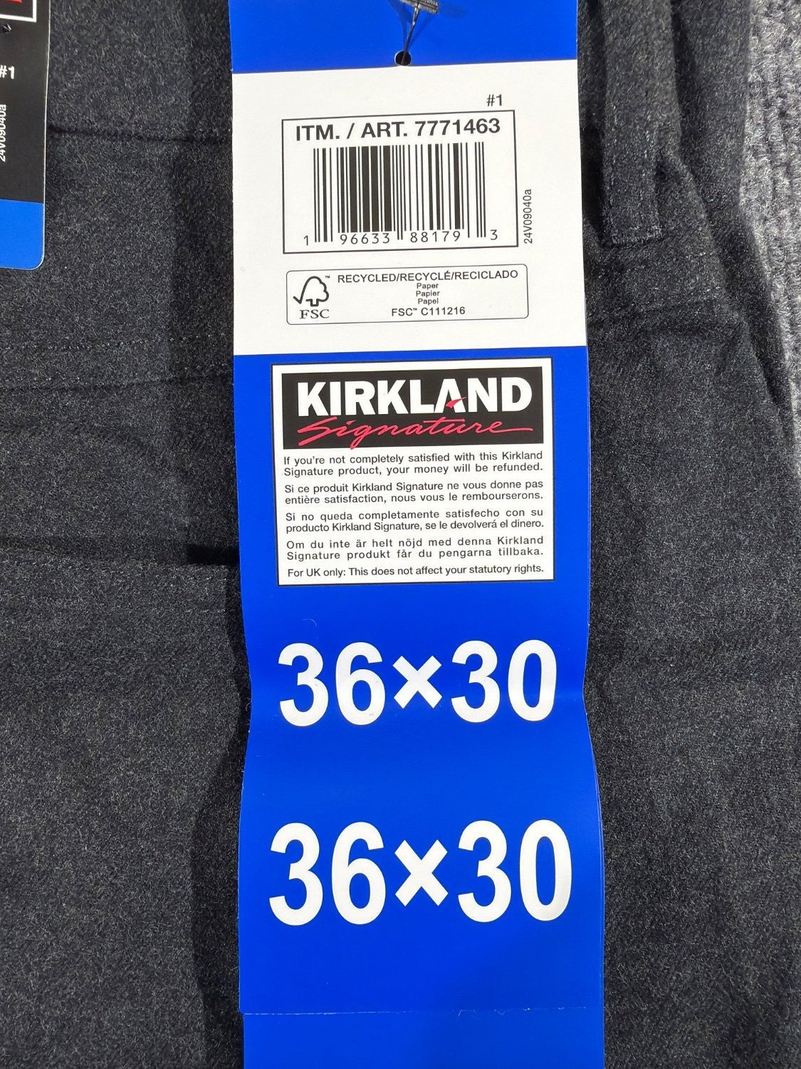 US 3 Kirkland Signature Men's Brushed 5-Pocket Pant 36x30 Dark Gray Stretch