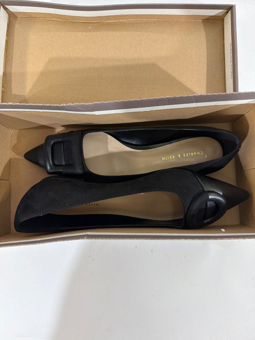 Charles & Keith CK1-70580135 Black Suede Pointed Toe Buckle Flats EU 35 US 5