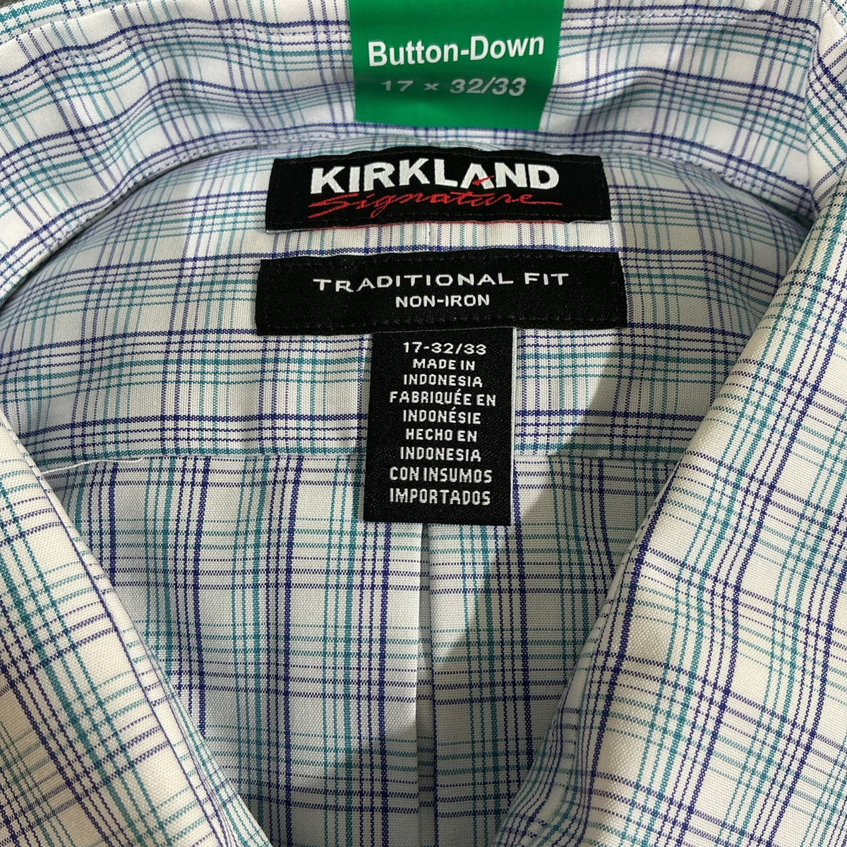Kirkland Signature Mens Non Iron Blue Plaid Dress Shirt 17x32x33 Fashion Design