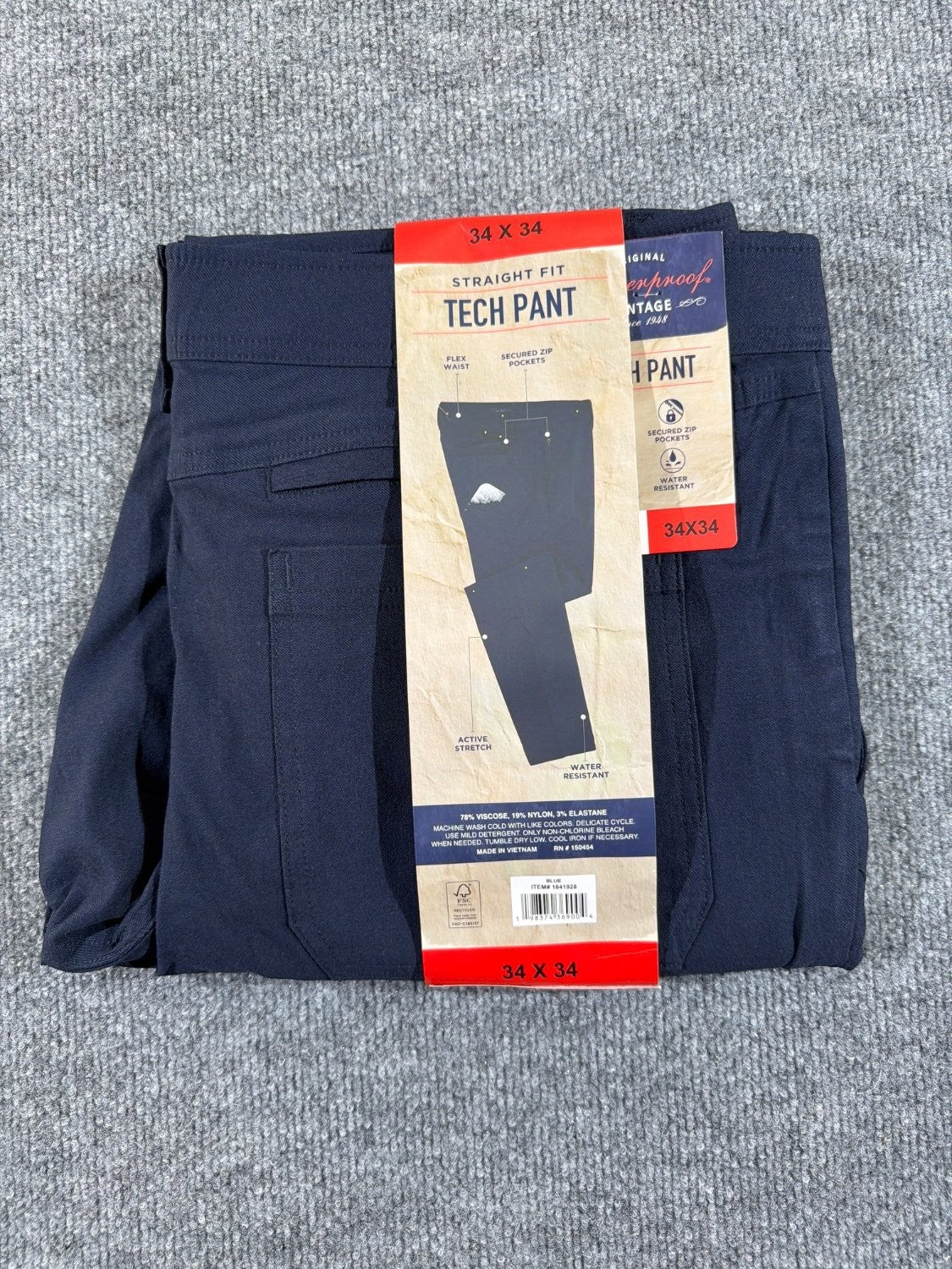 EU 34 Weatherproof Vintage Tech Pant Men 34x34 Straight Fit Active Stretch Navy