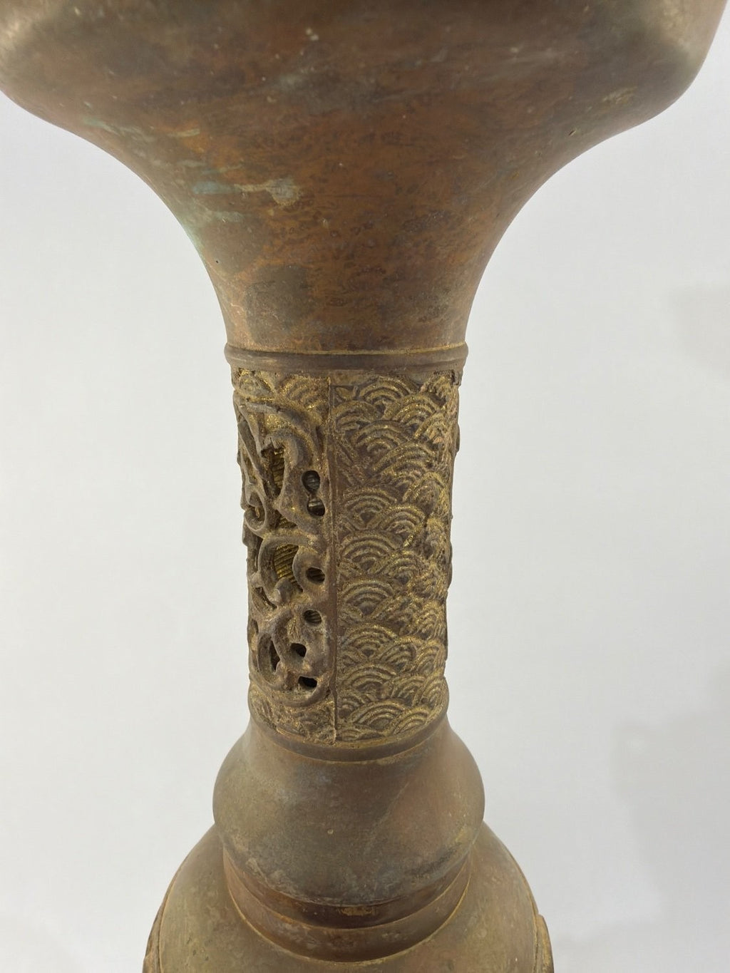 Vintage Chinese Bronze Pricket Candlestick Holder Archaic Taotie Mask Openwork