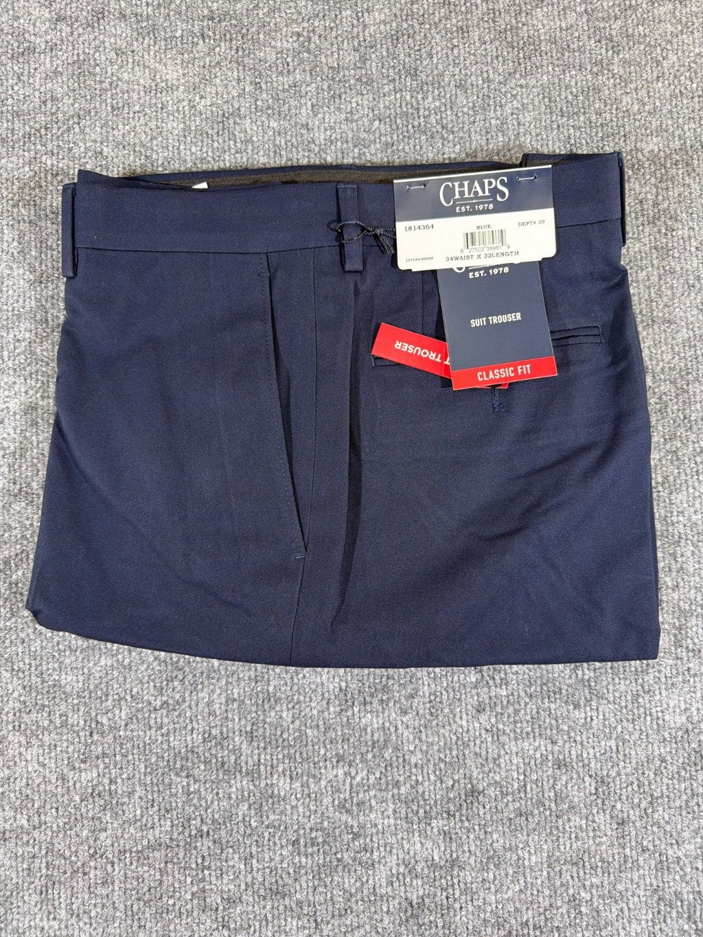 EU 34 Chaps Men's Classic Fit Suit Trousers 34x32 Navy Blue Flat Front Dress