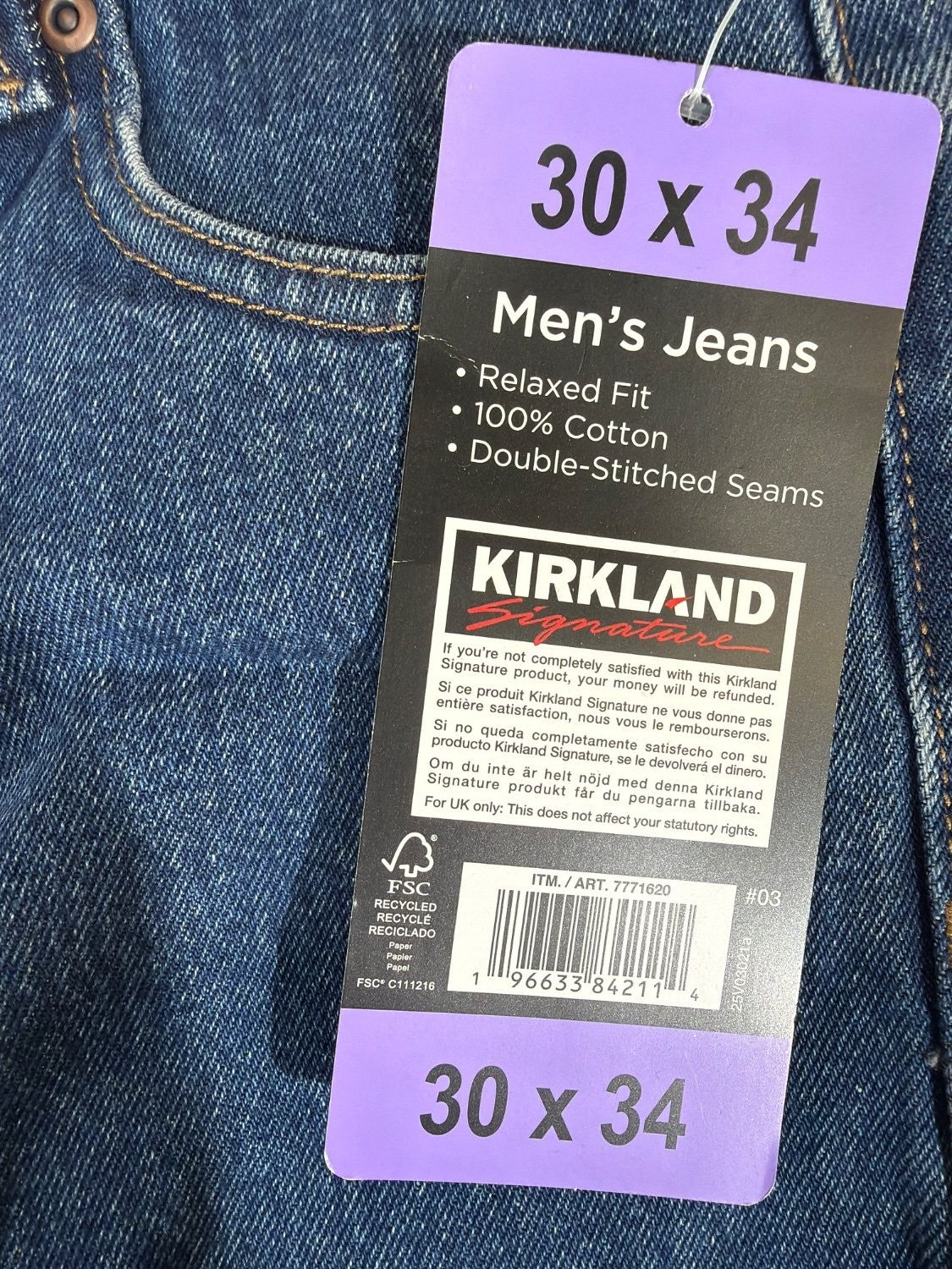 EU 30 Kirkland Signature Men's Relaxed Fit Jeans 100% Cotton Denim Blue 30 x 34