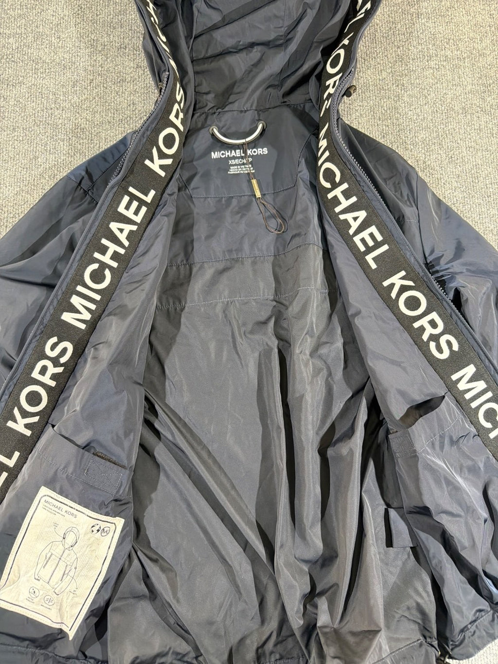 Michael Kors Logo Tape Hooded Windbreaker Jacket Navy Blue Women's Size XS Full