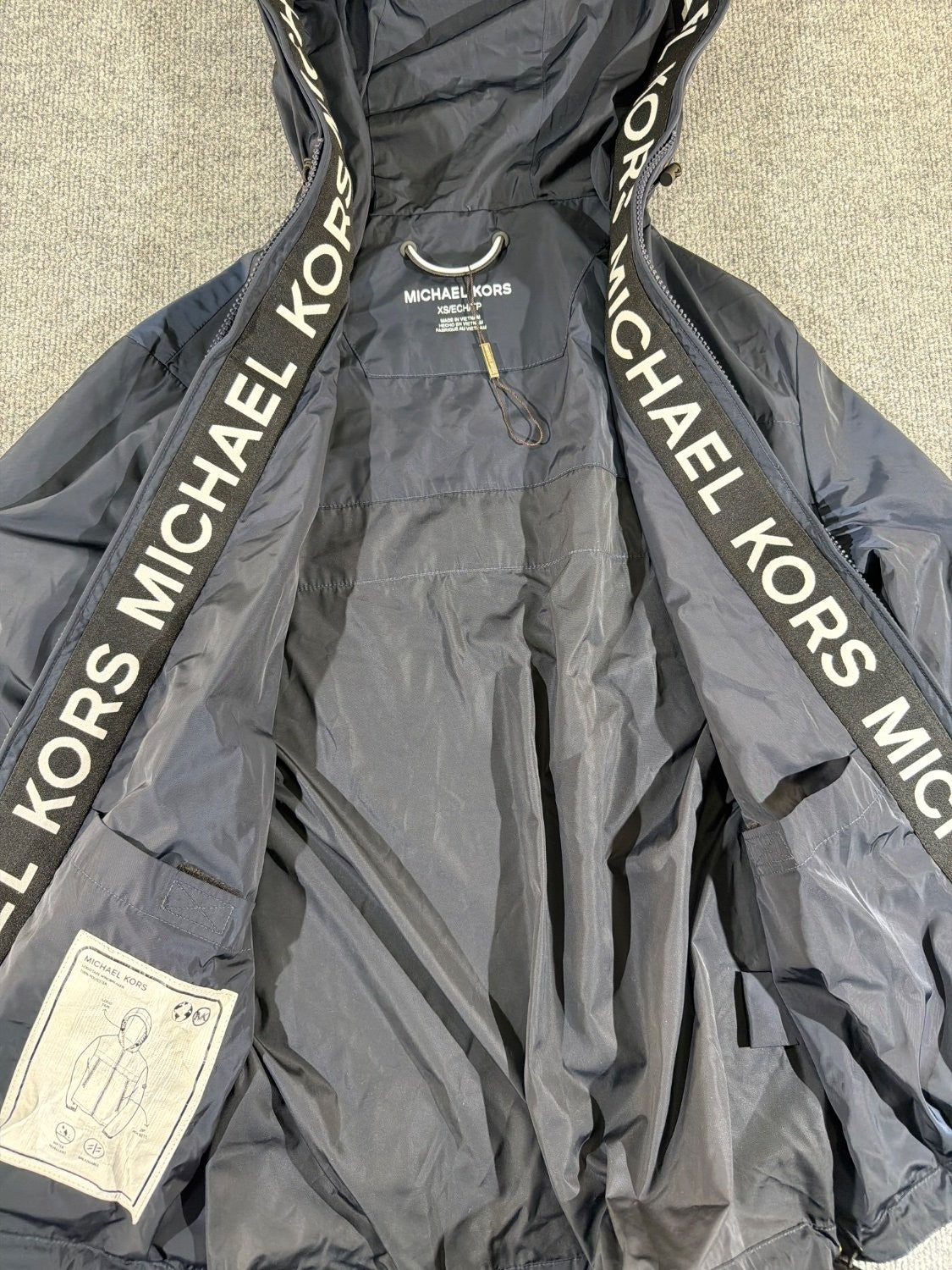 Michael Kors Logo Tape Hooded Windbreaker Jacket Navy Blue Women's Size XS Full