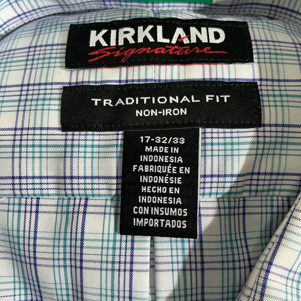Kirkland Signature Mens Non Iron Blue Plaid Dress Shirt 17x32x33 Fashion Design