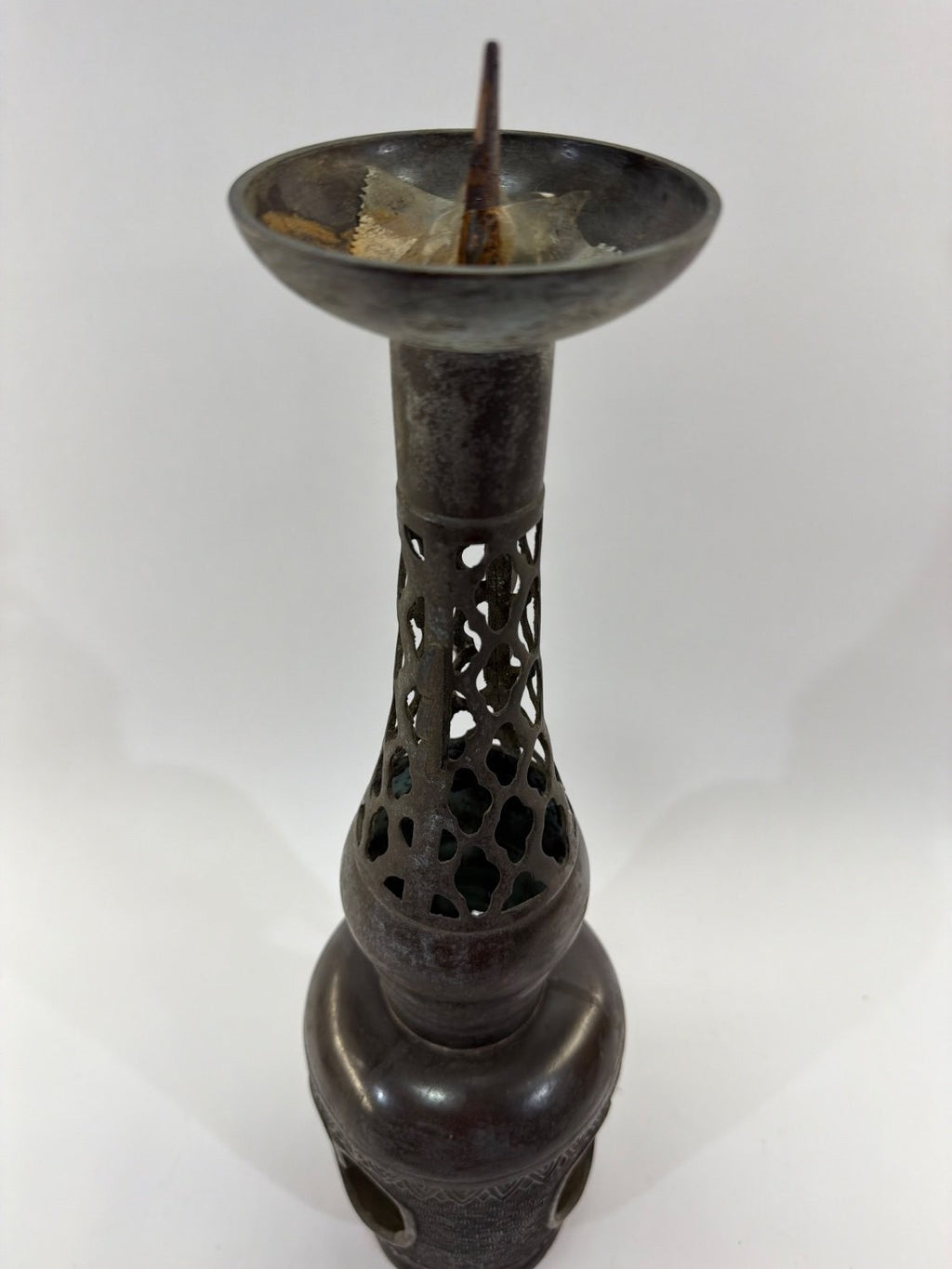 Vintage Persian Bronze Pricket Candle Holder Pierced Lattice Islamic Incense