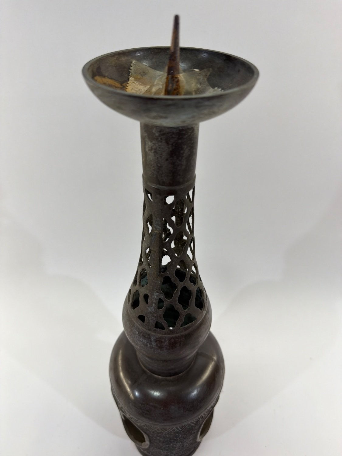 Vintage Persian Bronze Pricket Candle Holder Pierced Lattice Islamic Incense