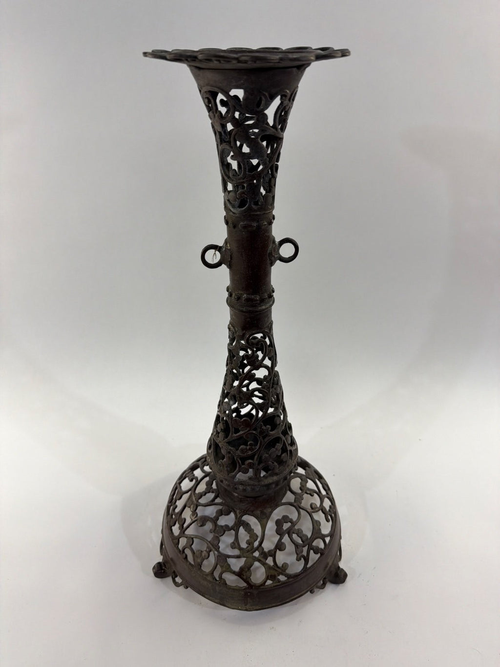 Vintage Victorian Cast Metal Filigree Candle Holder Openwork Bronze Tripod Base