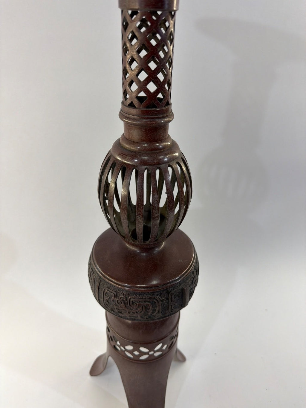 Vintage Japanese Bronze Candlestick Holder Meiji Style Reticulated Tripod Base