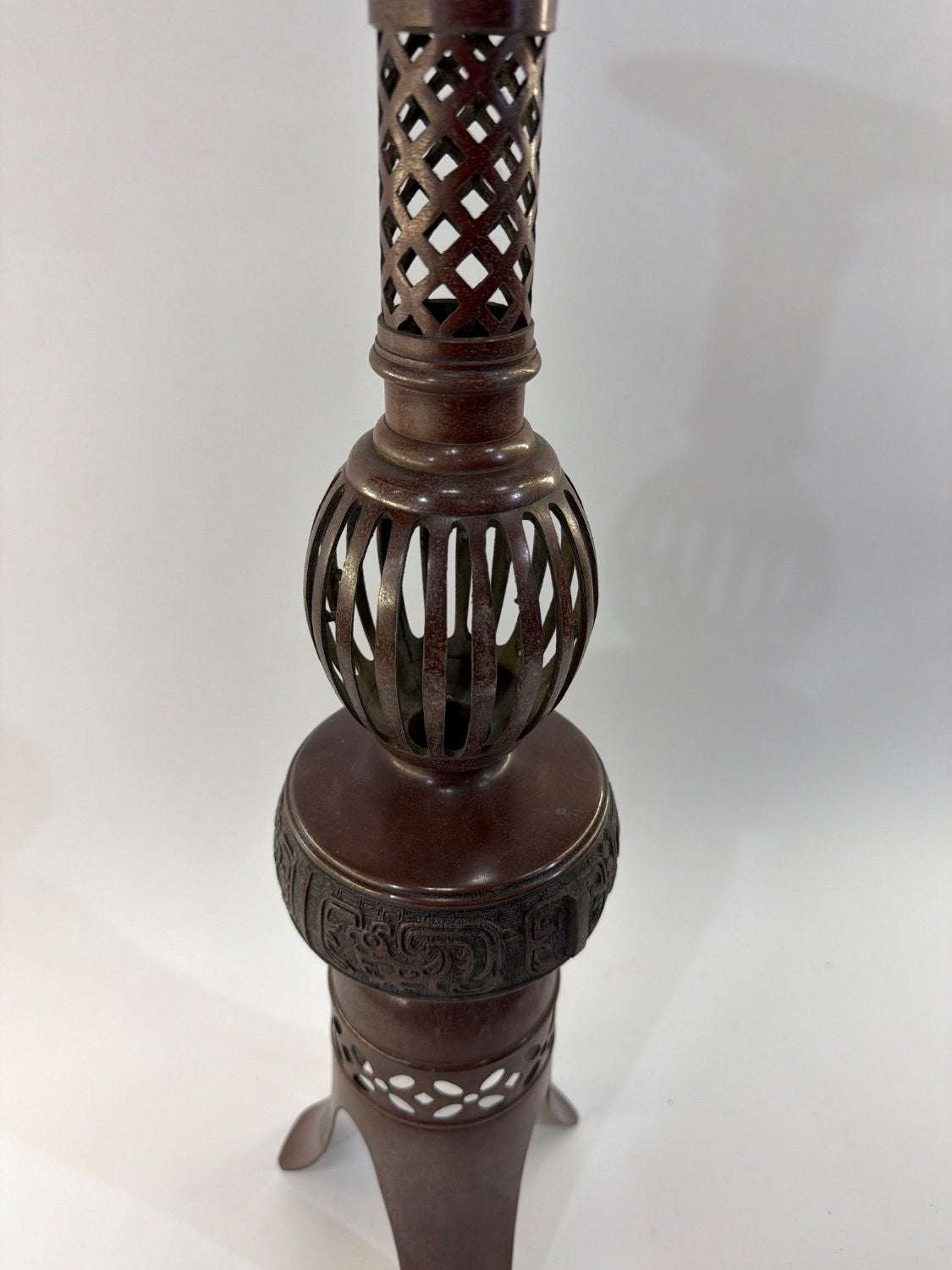Vintage Japanese Bronze Candlestick Holder Meiji Style Reticulated Tripod Base