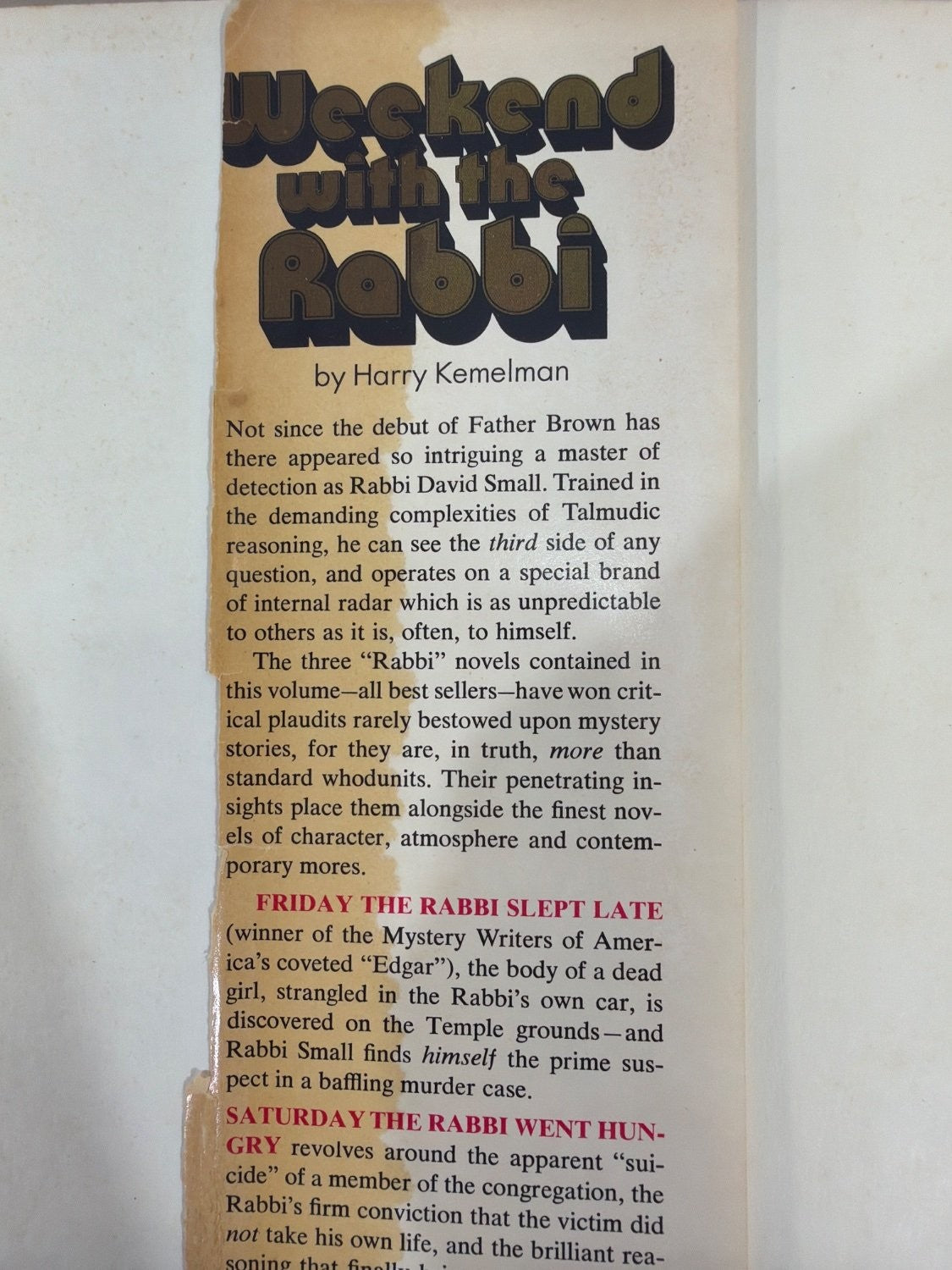 Harry Kemelman Weekend with the Rabbi Hardcover 1970s